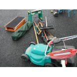 A fine lot of garden tools, chairs etc., including a working Bosch Rotak 320C.