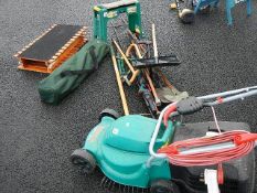 A fine lot of garden tools, chairs etc., including a working Bosch Rotak 320C.