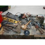 A mixed lot of tools including hammers, saws, 2 electric drills,