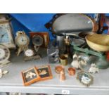 A mixed lot including Salter scales, brass, pewter, clocks etc.