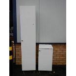 2 matching white high gloss bathroom cabinets, heights 190 & 80 cm, width 50 cm, depth 50 cm.