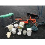 A good lot of garden tools including electric hoe, chain saw, snow scoop etc.