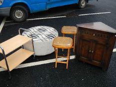 A corner cupboard, 2 foldable stools, pouffe etc.