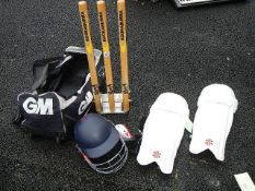 A good lot of cricket equipment including wickets, pads, helmet etc.