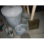 A galvanised bin, bucket, watering can etc, 6 items.