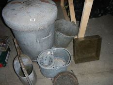 A galvanised bin, bucket, watering can etc, 6 items.