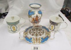 A 2002 Golden Jubilee vase and dish together with Two 2012 Diamond Jubilee mugs.