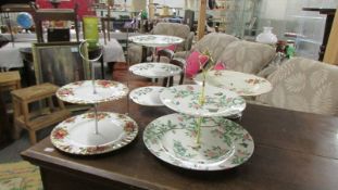 A Royal Albert Old Country Roses cake stand and three others.