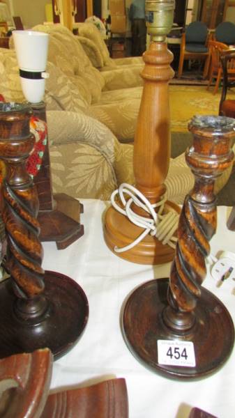 Two wooden table lamp bases, a pair of wooden candlestick, a pipe rack, - Image 2 of 3