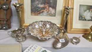 A mixed lot of silver plate including spills, dish, shell dish, milk jug, sugar bowl etc.