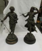 A pair of French spelter figures 'Faneuse' and 'Faucheur', 'Par Moreau', 38 cm tall.