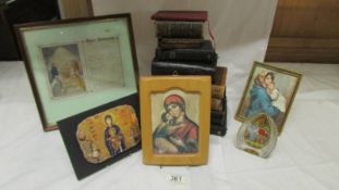 A mixed lot of bibles, prayer books, religious pictures etc.