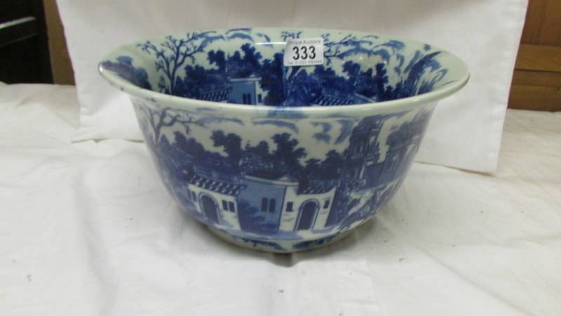 A blue and white bowl.