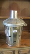 A new stainless steel bin with funnel lid.
