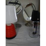Two chrome shaving mirrors, a table lamp etc.