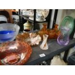 An amber glass trinket set, two carnival glass dishes, 2 glass vases etc.