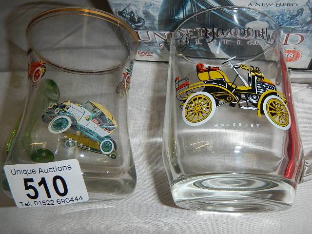 A set of six shot glasses and two others all decorated with vintage cars. - Image 3 of 3