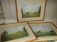 Three framed and glazed stately home scenes.