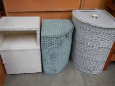 Two wicker linen bins and a bedside cabinet. Collect only.