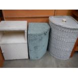 Two wicker linen bins and a bedside cabinet. Collect only.