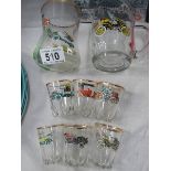 A set of six shot glasses and two others all decorated with vintage cars.