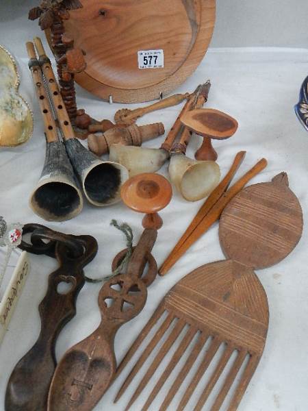 A mixed lot of wooden items including bread board.
