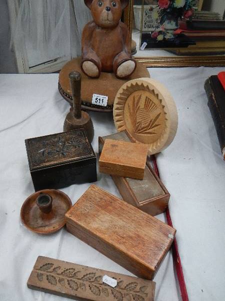 A mixed lot of wooden items including shortbread mould, Teddy bear, boxes etc.