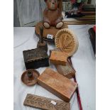 A mixed lot of wooden items including shortbread mould, Teddy bear, boxes etc.