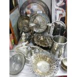 A mixed lot of 20th century silver plate including trays, dishes, tankard etc.