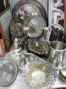 A mixed lot of 20th century silver plate including trays, dishes, tankard etc.