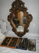 A mixed lot of geometry implements and a gilt framed mirror.