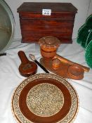 A mixed lot of wooden items including pipe stand, box, plate etc.