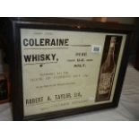 A framed and glazed Coleraine whisky advertisement.