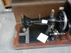 A vintage sewing machine.