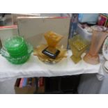 A mixed lot of coloured glass ware including green glass fruit set, vases etc.
