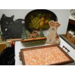 A mixed lot including trays, cat wall plaque, dog doorstop etc.