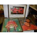 A framed and glazed photograph of Manchester United FC and two other football related photographs.