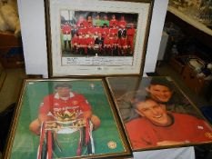 A framed and glazed photograph of Manchester United FC and two other football related photographs.