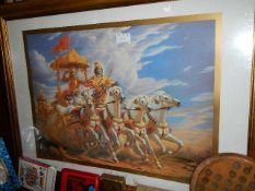 A framed and glazed Indian scene with horses and carriage.