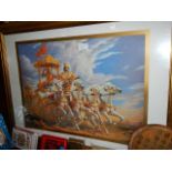 A framed and glazed Indian scene with horses and carriage.