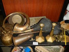 Two brass car horns and other brass ware.