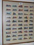 A framed set of locomotive cigarette cards.