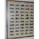 A framed set of locomotive cigarette cards.