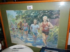 A framed and glazed painting of runners in race signed P T Hayward '97.