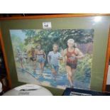 A framed and glazed painting of runners in race signed P T Hayward '97.