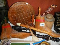 A mixed lot of wooden items including shoe stretchers, solitaire board etc.