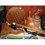 A mixed lot of wooden items including shoe stretchers, solitaire board etc.