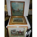 Three framed and glazed hunting scenes.