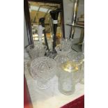 A mixed lot of cut glass vases, tall coloured spill vase etc.