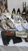Six pairs of vintage ladies shoes, a pair of leather gloves, wallets etc.